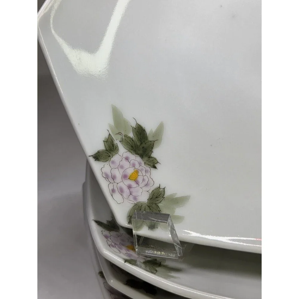 Set Of 5 Hexagonal Plates Hand Painted Foo Dogs Dragons Floral 7.25